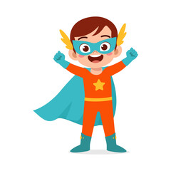 little kid wearing super hero costume and feel happy