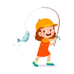 little kid catch fish with fishing rod and feel happy