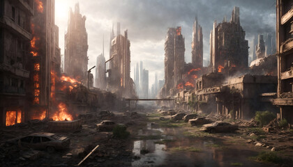 Futuristic city amidst apocalyptic chaos