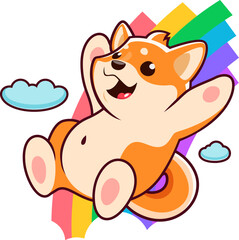 Cartoon happy shiba inu dog character, cute kawaii pet personage. Adorable vector animal joyfully sliding down a vibrant rainbow, radiating happiness and playfulness in a colorful and whimsical scene