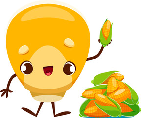 Cartoon cheerful corn grain character. Adorable food personage proudly holding golden cob, representing the essence of harvest and agriculture. Isolated vector maize with a ripe autumnal crop heap