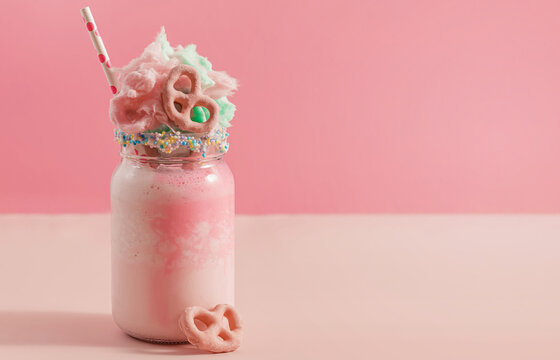 Milkshake in a glass jar covered with a cotton candy on pink background
