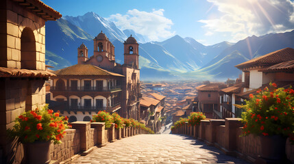  scene of Cusco surrounded by the Andes mountains - obrazy, fototapety, plakaty