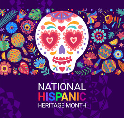 Calavera sugar skull and tropical flowers. National hispanic heritage month festival banner. Vector background with ornate dead calaca head, celebrating rich cultur of the hispanic community promo - obrazy, fototapety, plakaty