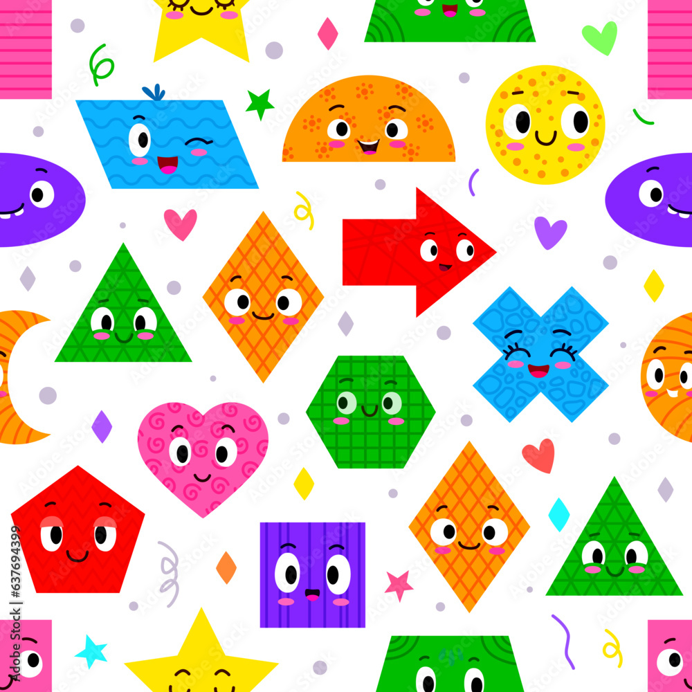 Aufkleber math shape characters seamless pattern of cartoon geometric figures with cute faces. geometry educat