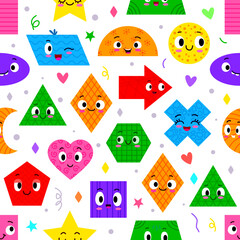 Math shape characters seamless pattern of cartoon geometric figures with cute faces. Geometry education vector background with triangle, circle, square and rectangle, star, oval and heart personages