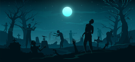 Obraz na płótnie Canvas Halloween scary zombie horror graveyard background. Dead apocalypse monsters walking at spooky night cemetery vector banner, eerie tombstones, old trees silhouettes, bats and full moon in dark sky