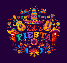 Plakat Mexican fiesta party banner with pepper mariachi, sombrero and guitars. Vector Mexico holiday background with birds, tropical flowers and jalapeno or guindilla latino characters celebrating event