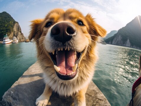 A cute dog smiles while taking a selfie in front of Halong Bay