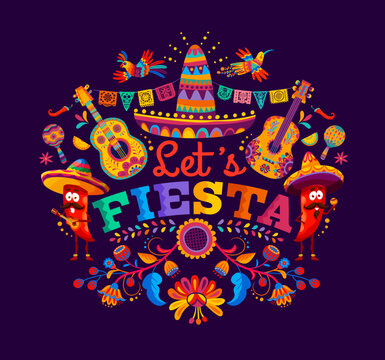 Mexican fiesta party banner with pepper mariachi, sombrero and guitars. Vector Mexico holiday background with birds, tropical flowers and jalapeno or guindilla latino characters celebrating event