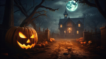 Fototapeta na wymiar halloween pumpkins at night.Generative Ai