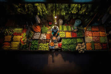 Indian man selling vegetables at his small stall in the local vegetable market.