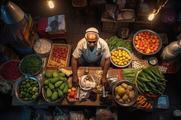 Indian man selling vegetables at his small stall in the local vegetable market. - obrazy, fototapety, plakaty