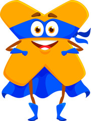 Cartoon math multiplication sign number superhero character. Isolated vector mathematics and arithmetic sign for equations. Personage with big eyes and happy smile, wear defender cape and mask