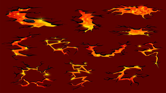 Volcano lava or magma fire ground cracks. Cartoon vector earthquake fissures, land destruction texture top view. Molten lava flows creating fiery rivers with intense heat and explosive force