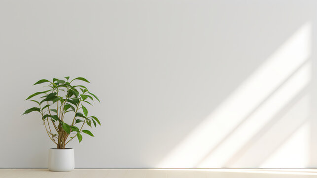 a modern white wall with a potted indoor plant in one corner.Generative Ai