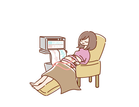 出産の兆候をNSTで検査する妊婦のイラスト　フルカラー