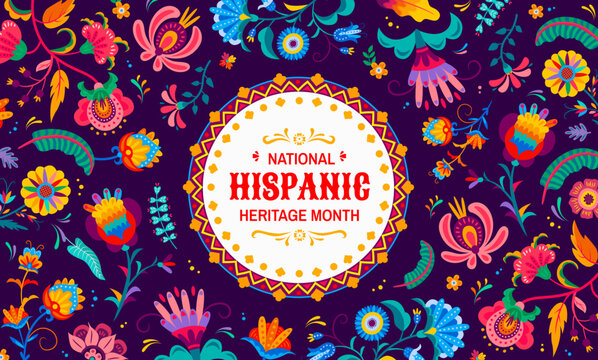 National hispanic heritage month festival banner with tropical flowers and plants. Vector event announcement for celebrating hispanic traditional festival, fostering sense of unity and cultural pride