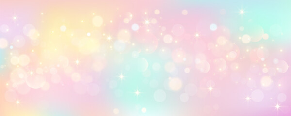 Rainbow unicorn pastel background with glitter stars. Pink fantasy sky. Holographic space with bokeh. Fairy iridescent gradient backdrop. Vector © Chorna_L