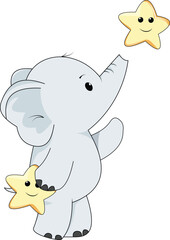illustration of a cute baby elephant reaching for a cute star