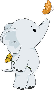 illustration of a cute baby elephant playing with butterflies and orange flowers