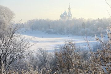Winter landscape. Fairy-tale beauty of snow-covered streets. Snowfall and cooling in tourist areas.