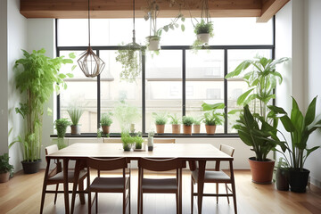 Obraz premium Stylish and botanical interior dining room with craft design of wooden tables, chairs, loft of plants, big windows, elegant accessories in modern home decor. Templates.