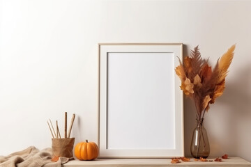 Print frame autumn mockup on shelf in living room