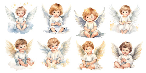 set of cute little Angels on transparent Background in watercolor, generated ai - obrazy, fototapety, plakaty