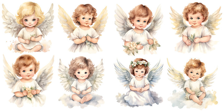 set of cute little Angels on transparent Background in watercolor, generated ai