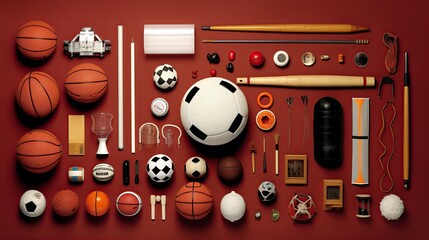 Variety of sports equipment on black background with copy space. Top view.