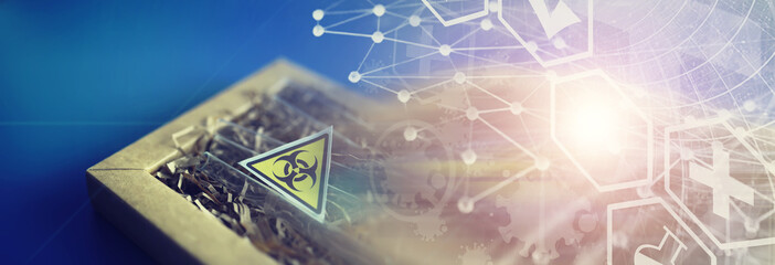 American flag, test tubes and biohazard sign. The concept of American biolabs and research centers.