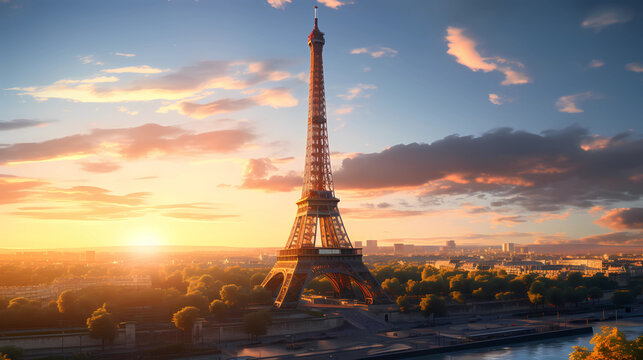 the majestic Eiffel Tower against a sunset sky