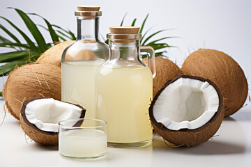 Coconut oil in a bottle with olive with coconut .Health food, diet concept.Created with Generative AI technology.