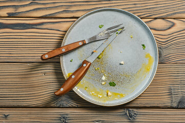 Overhead view of empty dirty plate on a table