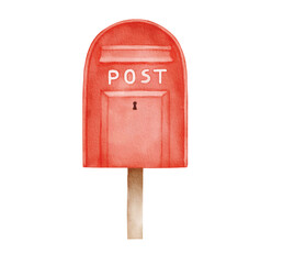 English red post box for letters. Watercolor illustration isolated on white