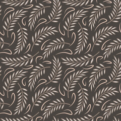 Seamless vector pattern of decorative foliage, dark floral background, textile print, wallpaper.