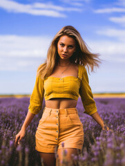Young woman in a yellow short skirt in a lavender field