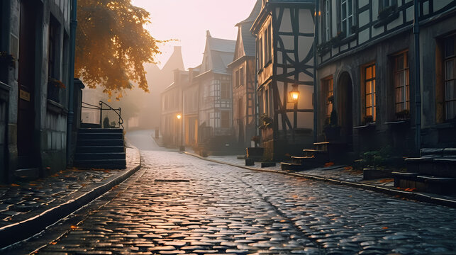 Charming Cobblestone Street Lined with Quaint# Continue the assistant's task	
