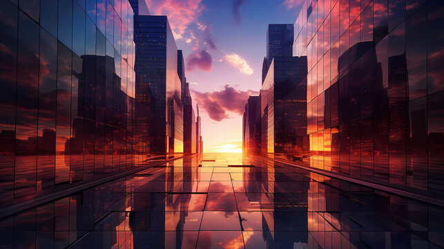 Futuristic Skyscraper Reflecting the Vibrant Colors of an Evening Sky	