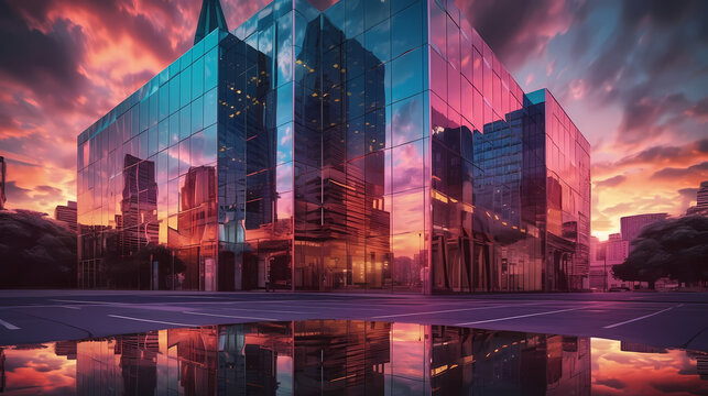 Futuristic Skyscraper Reflecting the Vibrant Colors of an Evening Sky	
