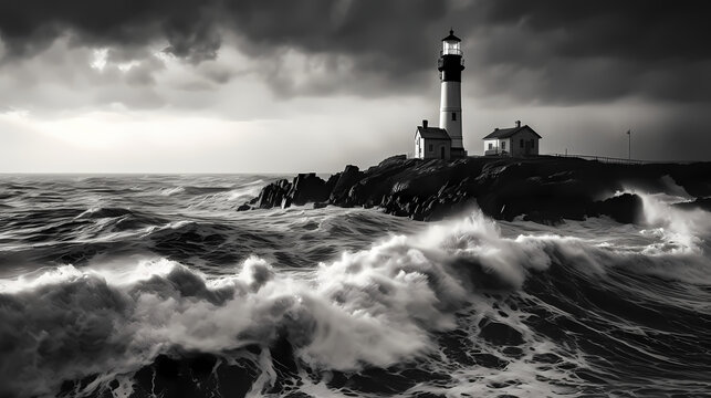 Historic Lighthouse Standing Tall Against a Roiling Sea at Dusk in Moody Monochrome	
