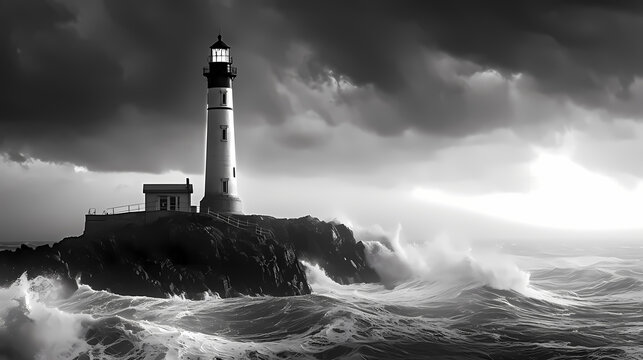 Fototapeta Historic Lighthouse Standing Tall Against a Roiling Sea at Dusk in Moody Monochrome