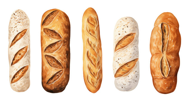 Watercolor bread baguette illustration without background