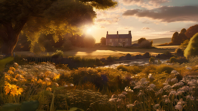 Countryside Manor Bathed in Golden Hour Light	