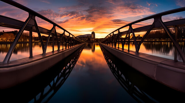 Dramatic Twilight View of a Stunning Bridge Spanning a Broad River	
