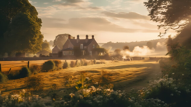 Countryside Manor Bathed in Golden Hour Light	