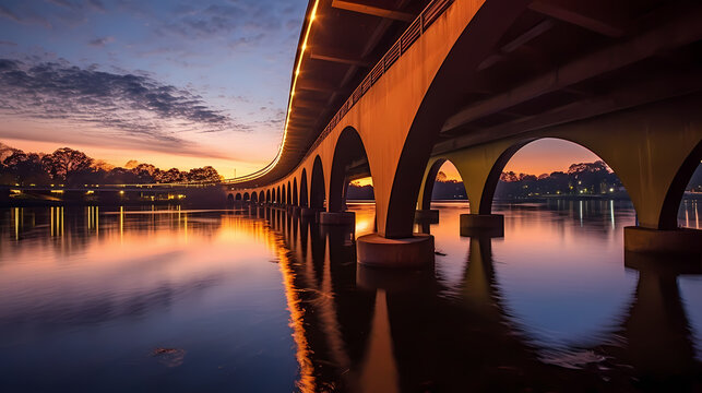 Dramatic Twilight View of a Stunning Bridge Spanning a Broad River	
