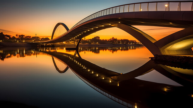 Dramatic Twilight View of a Stunning Bridge Spanning a Broad River