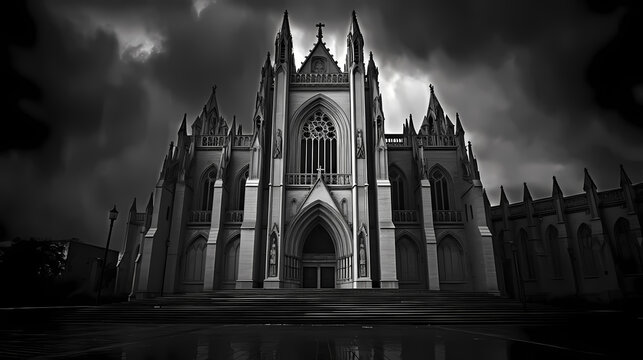 Gothic Cathedral Against a Dramatic Stormy Sky in High Contrast Black and White	